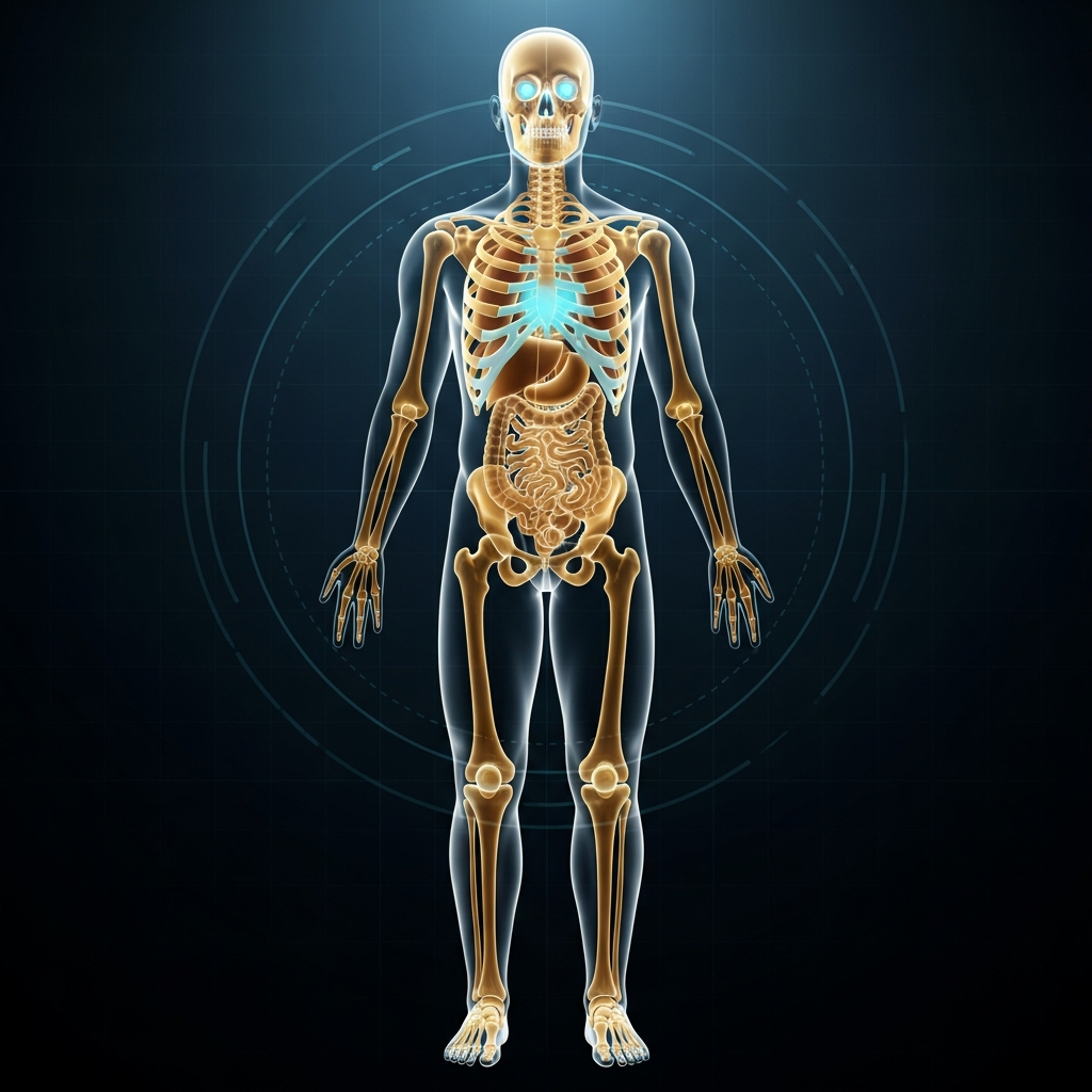 X-ray view of human anatomy showing skeletal structure