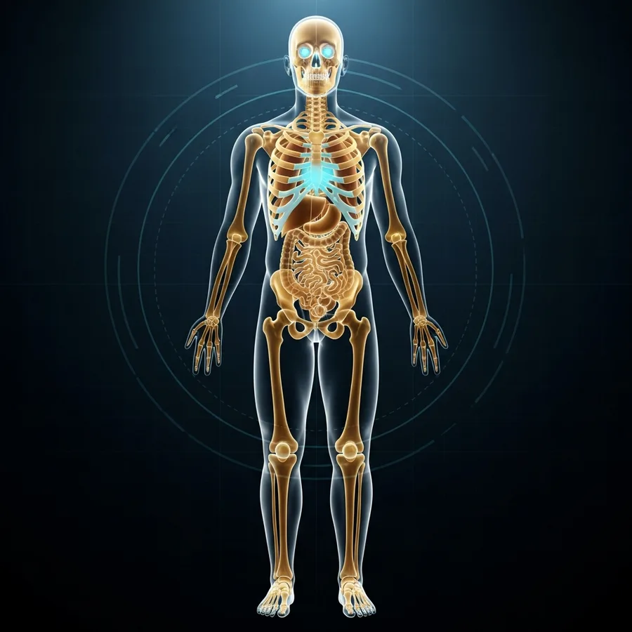 X-ray view of human anatomy showing skeletal structure